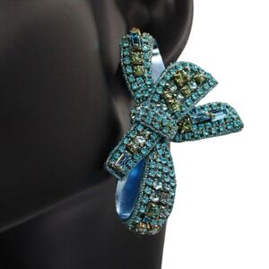 Oscar de la Renta Crystal Bow Earrings Blue Green Statement EUC RTR Retiree